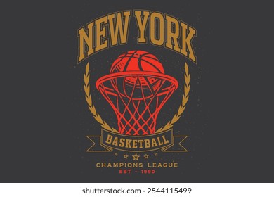 Vintage artwork for sportswear. Sport logo. College font. Basketball club vector t-shirt design. New York basketball league graphic print design. Champion tournament. Basketball college league.