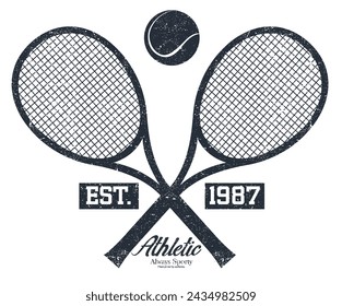 Obra de arte vintage para ropa deportiva. Diseño de camiseta vectorial de club de tenis. Diseño de estampado gráfico de la liga de tenis de Nueva York. Logo Sport. Fuente College. Torneo de raquetas. Liga de la Universidad de Tenis. 