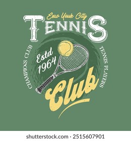 Arte vintage para roupas esportivas. Design de camiseta vetorial do clube de tênis. Design gráfico de impressão da liga de tênis de Nova York. Torneio de raquete. Liga de Tennis. Os logotipos do time retrô de tênis imprimem.