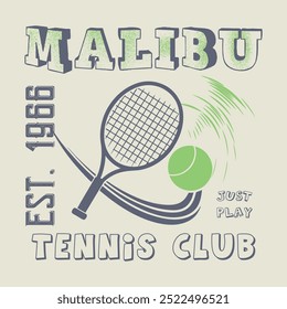 Vintage artwork for sportswear. Tennis club vector t-shirt design. Malibu Tennis League graphic print design. Racket tournament. Tennis college league. Retro varsity tennis logos prints.