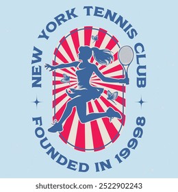 Vintage artwork for sportswear. Tennis club vector t-shirt design. New York Tennis League graphic print design. Racket tournament. Tennis college league. Retro varsity Girl flat badminton player