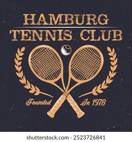 Vintage artwork for sportswear. Tennis club vector t-shirt design. New York tennis league graphic print design. Racket tournament. Tennis college league. Retro varsity tennis logos prints.