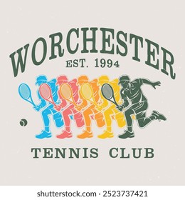 Vintage artwork for sportswear. Tennis club vector t-shirt design. New York tennis league graphic print design. Racket tournament. Tennis college league. Retro varsity tennis logos prints.