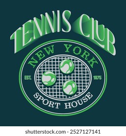 Vintage artwork for sportswear. Tennis club vector t-shirt design. New York tennis league graphic print design. Racket tournament. Tennis college league. Retro varsity tennis logos prints.