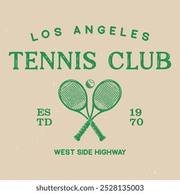 Vintage artwork for sportswear. Tennis club vector t-shirt design. New York tennis league graphic print design. Racket tournament. Tennis college league. Retro varsity tennis logos prints.