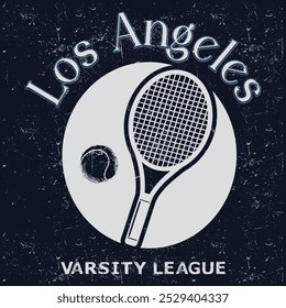 Vintage artwork for sportswear. Tennis club vector t-shirt design. New York tennis league graphic print design. Racket tournament. Tennis college league. Retro varsity tennis logos prints.