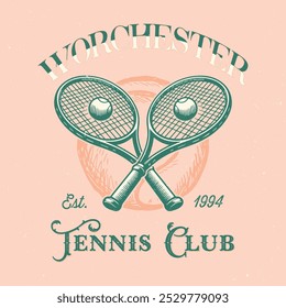 Antiguas ilustraciones para ropa deportiva. Diseño de camiseta de Vector de club de tenis. Nuevo diseño de impresión gráfica de la liga de tenis de York. Torneo de raquetas. Liga universitaria de tenis. Logos de tenis retro universitarios estampados.