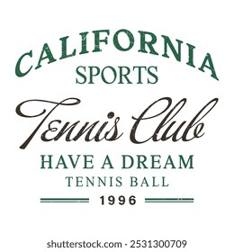 Vintage artwork for sportswear. Tennis club vector t-shirt design. New York tennis league graphic print design. Racket tournament. Tennis college league. Retro varsity tennis logos prints.