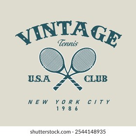 Vintage artwork for sportswear. Tennis club vector t-shirt design. New York tennis league graphic print design. Sport logo. College font. Racket tournament. Tennis college league.