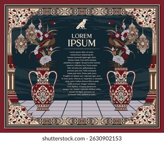 Vintage Asian floral crane ornamental design for book covers, labels, invitations, or cards. Elegant medieval inspired border with intricate details. Ideal for weddings, fantasy themes, or branding.