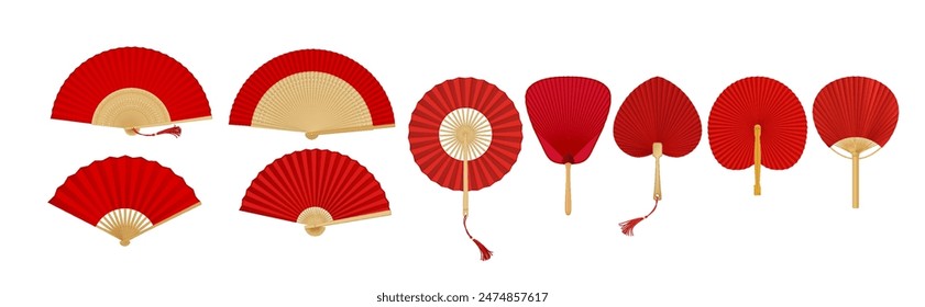 Vintage Asian hand fans realistic vector illustration set. Old oriental accessories for hot weather 3d objects on white background