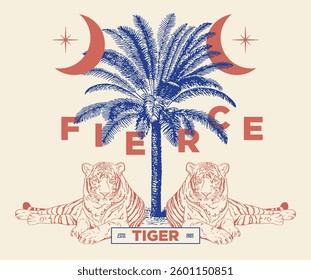 Vintage asian indian tropical tiger hand drawn illustration with exotic palm tree and inspirational slogan for graphic tee t shirt or retro poster card sticker - Vector 