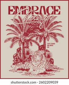 Vintage asian indian tropical tiger hand drawn illustration with exotic palm tree and motivational slogan for graphic tee t shirt or retro poster card sticker - Vector 