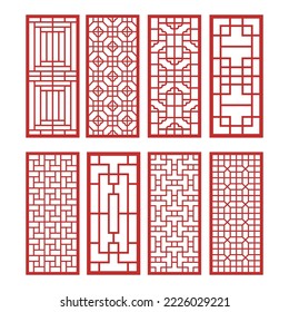 Vintage asiático. ventanas tradicionales asiáticas Ventanas de ornamento y ilustración del vector del patrón de puertas en fondo blanco