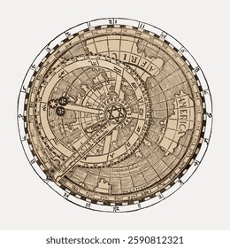 Vintage astrolabe illustration, intricate design, celestial map. Astrolabe with detailed, antique features. Historical astrolabe, celestial navigation tool. Vintage illustration isolated, vector.