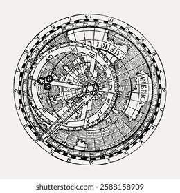 Vintage astrolabe illustration with intricate details. Astrolabe design shows celestial navigation. Historical astrolabe art for astronomy enthusiasts. Vintage art illustration, vector.