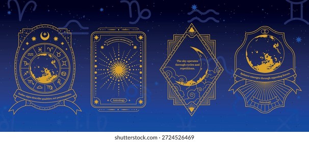 Marco de astrología de Antiguas. Ventana celeste bordea con luna, estrella, signo del zodiaco. Decoración de brillo dorado para el horóscopo. Tarjeta ornamental en oro creciente sobre fondo azul. Logotipo de línea antigua de Vector
