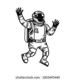 Vintage astronaut in spacesuit exploring universe vector illustration. Monochrome cosmonaut in open space. Galaxy and cosmos exploration concept can be used for retro template, banner or poster
