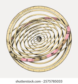 Vintage astronomical illustration with concentric circles. Celestial, vintage, and astronomical themes are prominent in this intricate design. Vintage art drawing illustration, painting art vector.