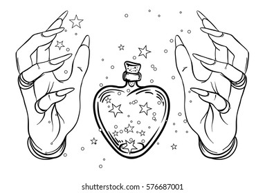 Vintage Astronomy: human hands with heat-shaped bottle or  jar with stars inside. Dotwork ink tattoo flash design. Vector illustration isolated on white. Aastrology, alchemy, magic, space and nature.