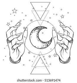 Vintage Astronomy: human hands with space and sacred geometry symbols. Dotwork ink tattoo flash design. Vector illustration isolated on white. Aastrology, alchemy, magic, space and nature symbol set.