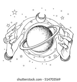 Vintage Astronomy: human hands with space and sacred geometry symbols. Dotwork ink tattoo flash design. Vector illustration isolated on white. Aastrology, alchemy, magic, space and nature symbol set.