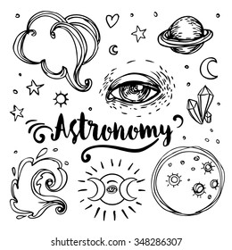 Vintage Astronomy: stars, moons, planets. Hand-drawn with ink. Aged medieval style. Invitation elements. Isolated vector illustration. Tattoo, astrology, alchemy, magic, space and nature symbol set.