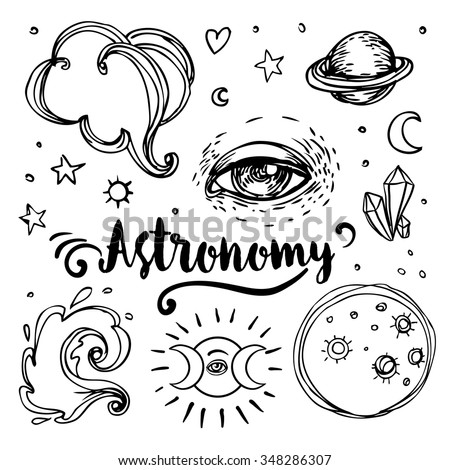 Vintage Astronomy: stars, moons, planets. Hand-drawn with ink. Aged medieval style. Invitation elements. Isolated vector illustration. Tattoo, astrology, alchemy, magic, space and nature symbol set.