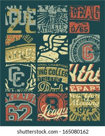 Vintage athletic department  badges patchwork - Grunge vector artwork for boy sportswear in custom colors