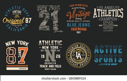 Vintage athletic themed graphics, emblems and layout set