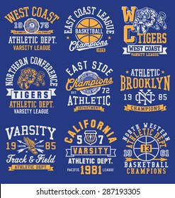 Vintage athletic themed graphics, emblems and layout set 