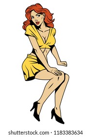Vintage Attractive Pin Up Girl With Red Hair Wearing Yellow Blouse Skirt And Black Shoes Isolated Vector Illustration