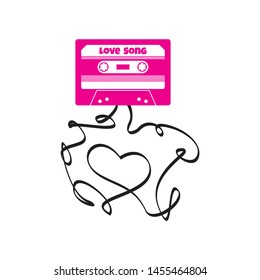 Vintage audio cassette illustration with heart shaped messy tape. Vector, Eps10