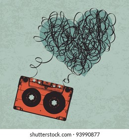 Vintage audio cassette illustration with heart shaped messy tape. Vector, Eps10