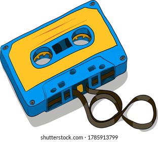 Vintage audio cassette illustration with infinity shaped messy tape.