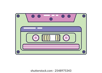 Casete de audio de Antiguas sobre fondo blanco. Ilustración retro con contorno en estilo de los años 90. Ilustración vectorial aislada.