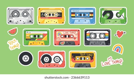 Vintage Audio Cassette Stickers Collection. Retro Labels For Classic Cassette Tapes, Perfect For Nostalgia-themed Design