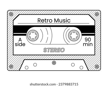 Vintage audio cassette tape. Device outline icon. Retro mixtape of tunes and songs 1980s or 1990s. Audio equipment for analog music records. Trendy groovy pop object for poster, card, cover, label, ad