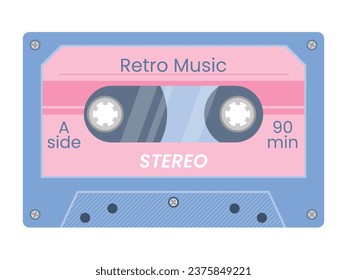 Vintage audio cassette tape. Retro mixtape of tunes and songs 1980s or 1990s. Audio equipment for analog music records. Trendy groovy pop object for poster, banner, card, cover, label, ad, stickers