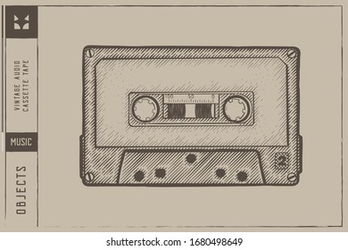 Vintage audio cassette tape Vector illustration - Hand drawn - Out line