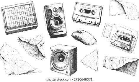 Equipo de audio de Antiguas y mouse de computadora con fragmentos de papel rotos cinta de casete