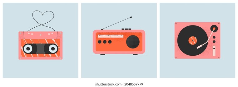 Vintage audio equipment set. Tape cassette, radio receiver, vinyl turntable in trendy 80s, 90s style. Listening to music, songs, melody concept. Isolated vector illustration collection