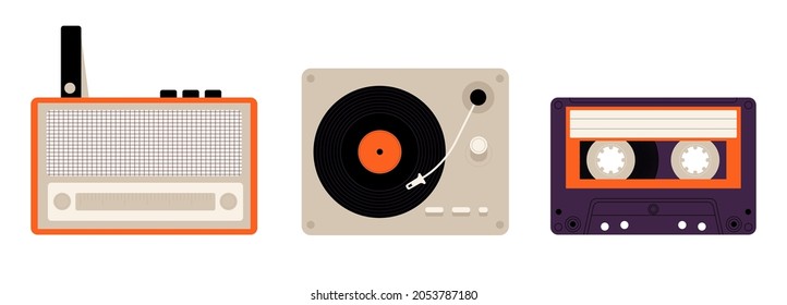 Vintage audio equipment set. Tape cassette, radio receiver, vinyl turntable in trendy 50s, 60s style. Listening to music, songs, melody concept. Isolated vector illustration collection.