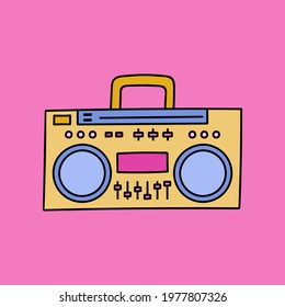 Vintage audio music and sound recorder. Digital, old handheld device. Vector flat style cartoon illustration isolated on background. Retro radio for the beach. Сlipart with hand drawn outline.