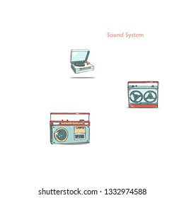 Vintage audio players. Music record. Cartoon in retro style with grunge textures and rust effect. Hand drawn clip art.
