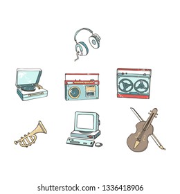 Vintage audio players. Music record. Cartoon in retro style with grunge textures and rust effect. Hand drawn clip art.