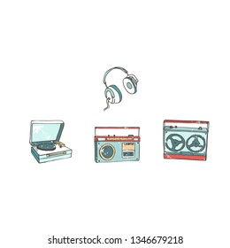 Vintage audio players. Music record. Cartoon in retro style with grunge textures and rust effect. Hand drawn clip art.