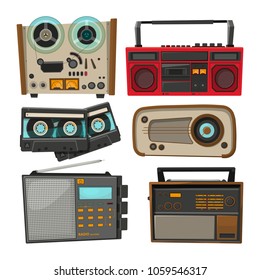 Vintage audio recorders isolated on white. Vector music audio, retro tape and recorder stereo illustration