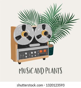 Vintage audio tape player in cozy room with plants. Urban jungle style.