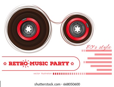 Vintage audiocassette. Retro music party. 80s style. Music design concept with analogue audio cassette tape and lettering. Vector illustration